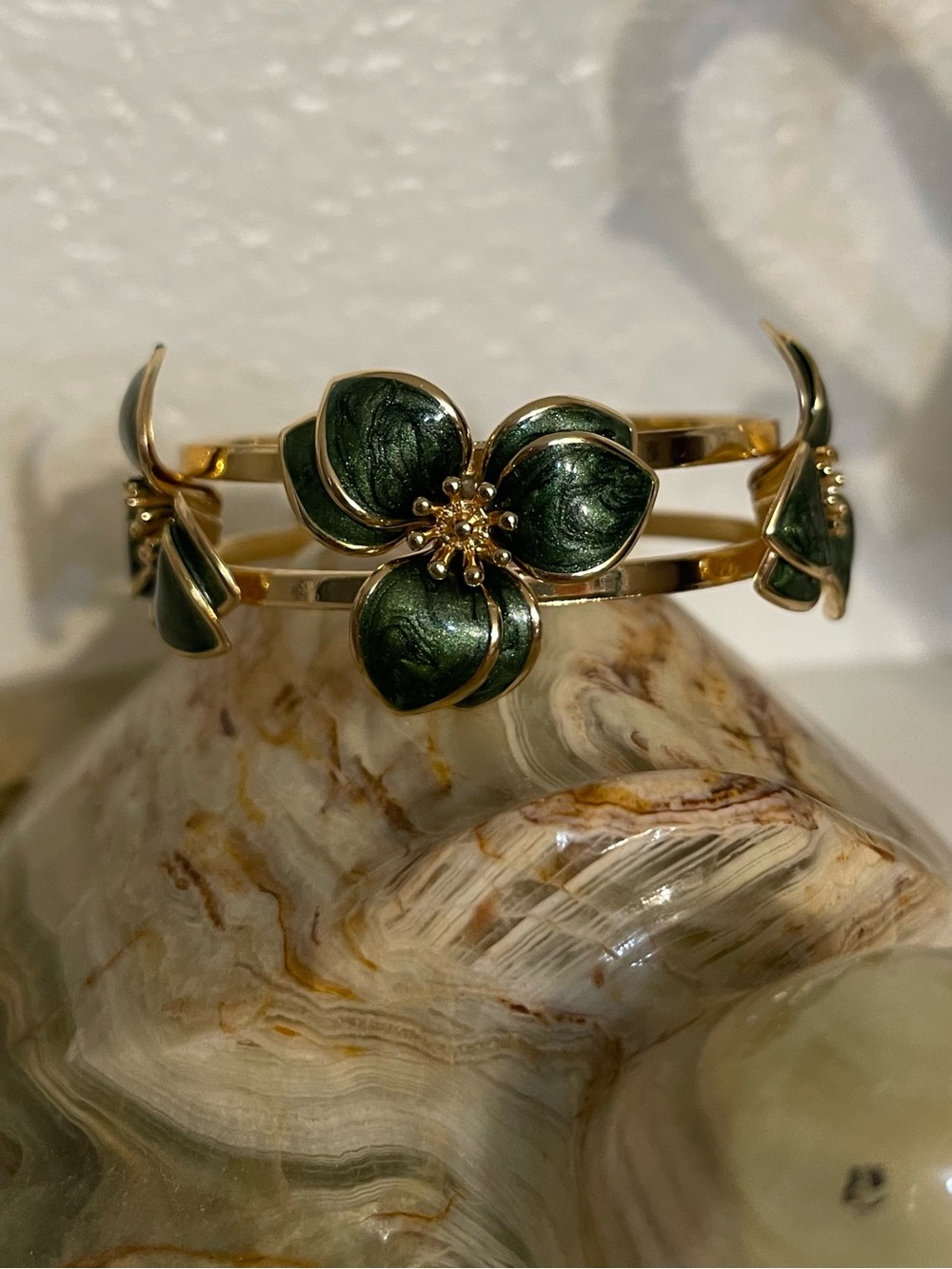 Gold-Tone Bracelet with Green Enamel Floral Accents
